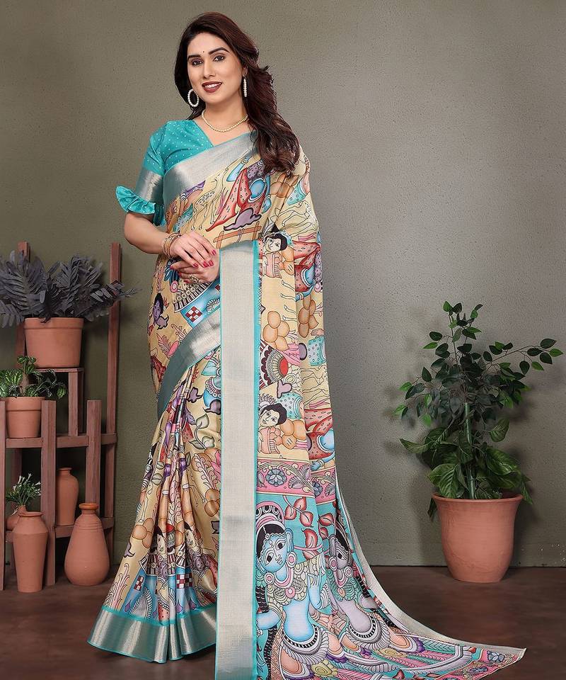 Light blue pure silk printed zari work saree with blouse
