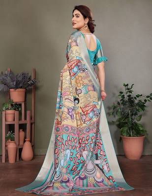 Light blue pure silk printed zari work saree with blouse 2