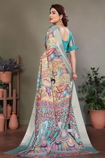 Light blue pure silk printed zari work saree with blouse