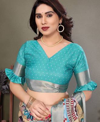 Light blue pure silk printed zari work saree with blouse 3