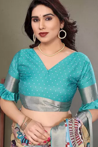 Light blue pure silk printed zari work saree with blouse