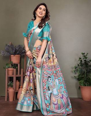 Light blue pure silk printed zari work saree with blouse 4