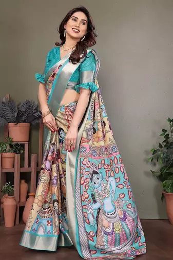 Light blue pure silk printed zari work saree with blouse