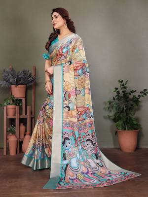 Light blue pure silk printed zari work saree with blouse 5