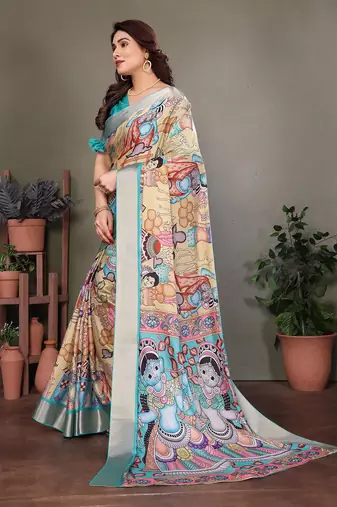 Light blue pure silk printed zari work saree with blouse