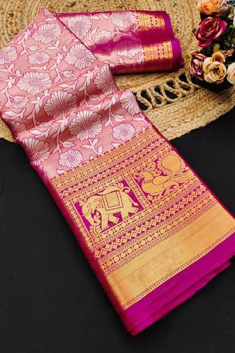 Pink jacquard woven zari work saree with blouse