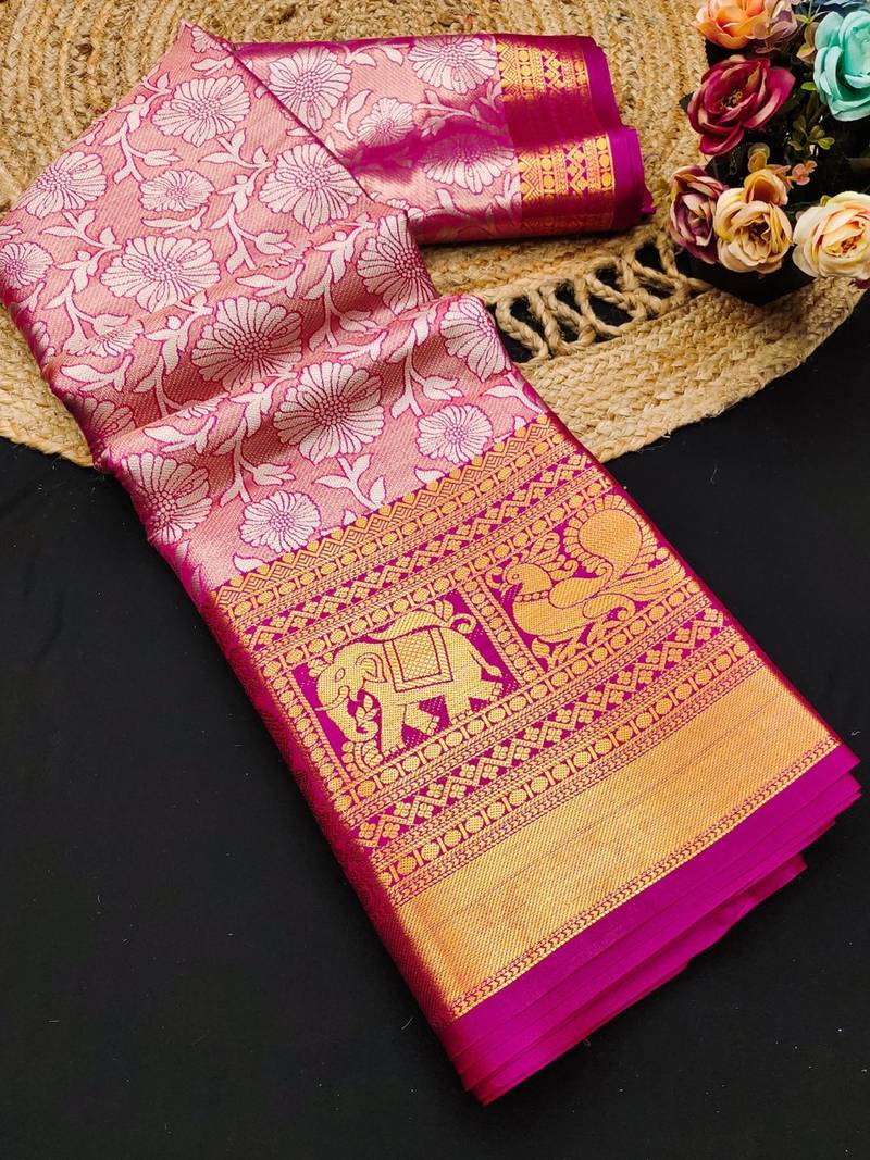 Pink jacquard woven zari work saree with blouse