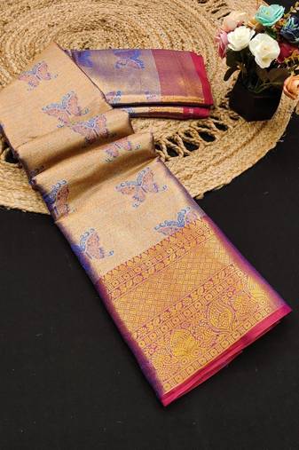 Blue jacquard woven zari work saree with blouse