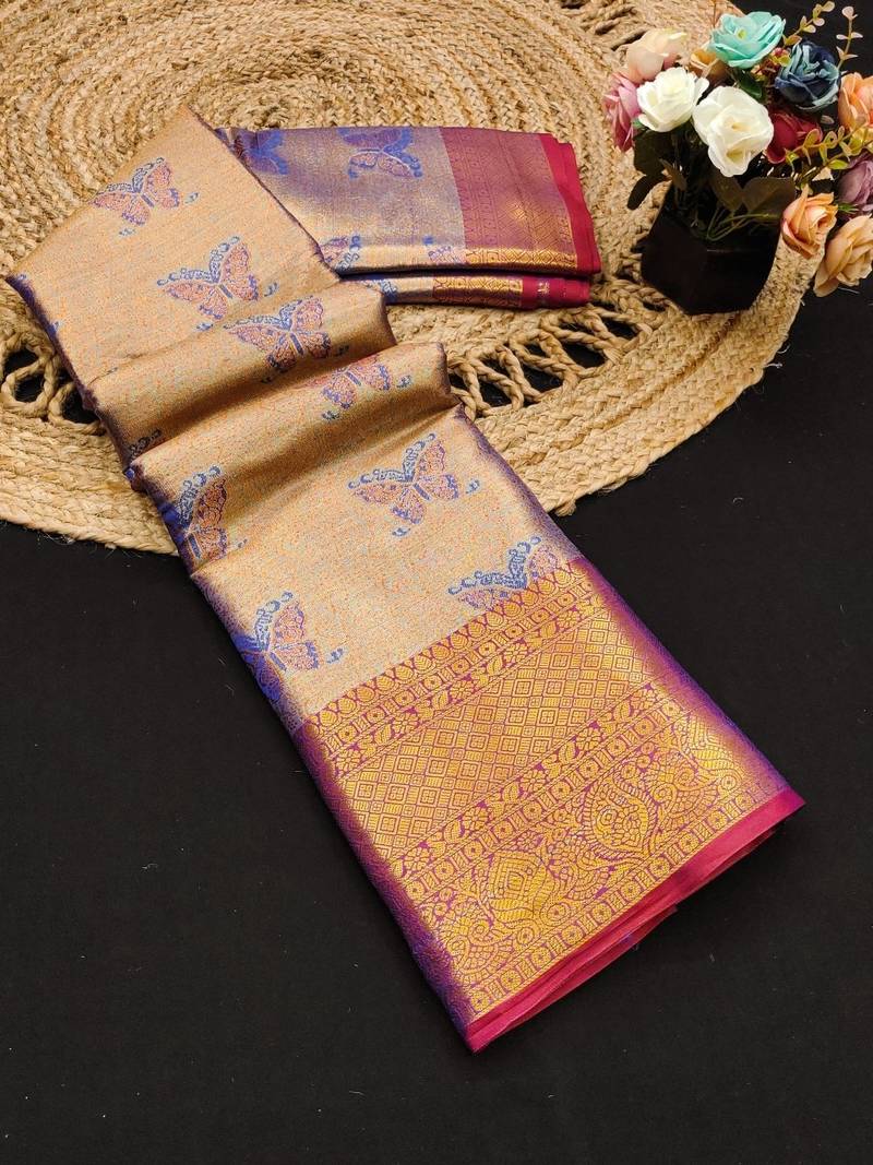 Blue jacquard woven zari work saree with blouse