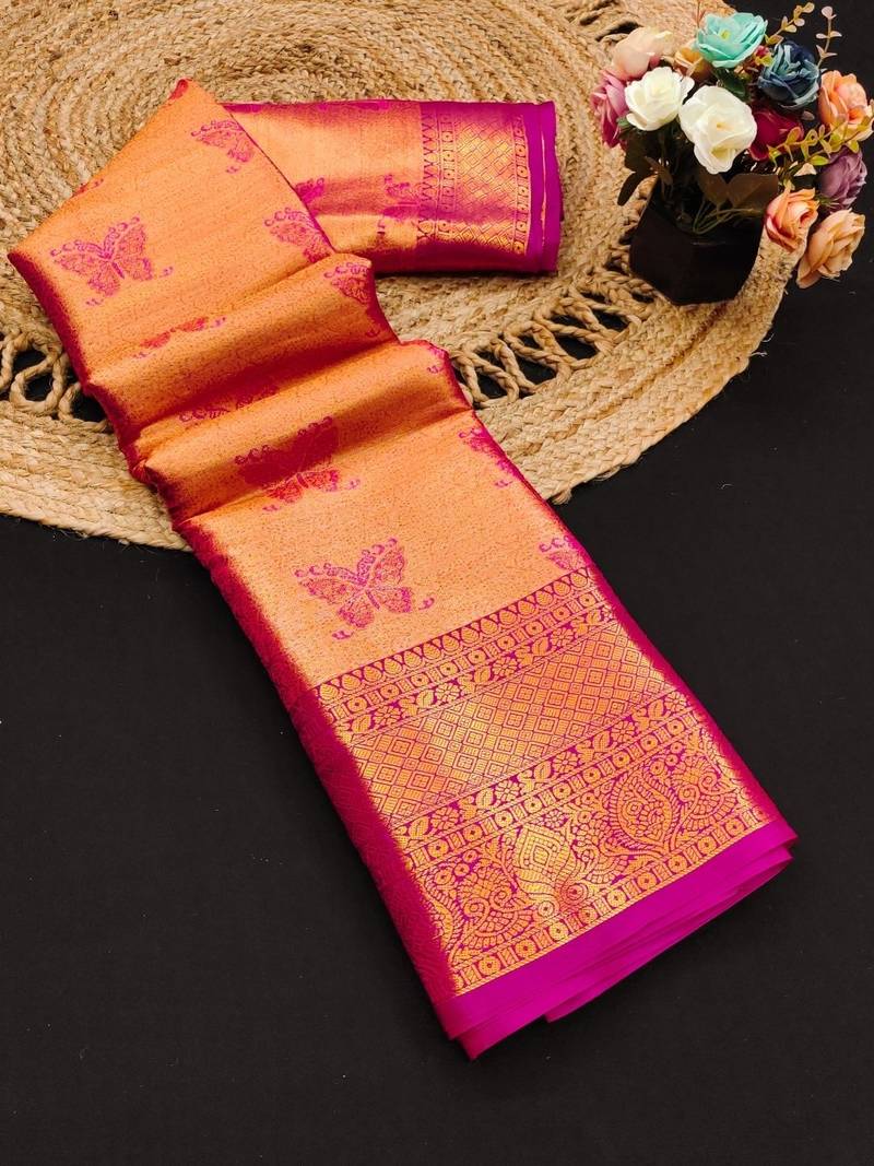 Pink jacquard woven zari work saree with blouse