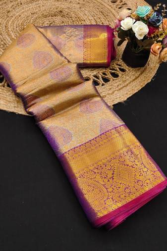 Blue pure silk printed zari work saree with blouse