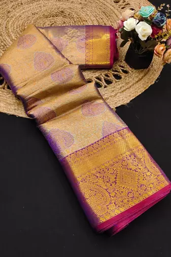 Blue pure silk printed zari work saree with blouse