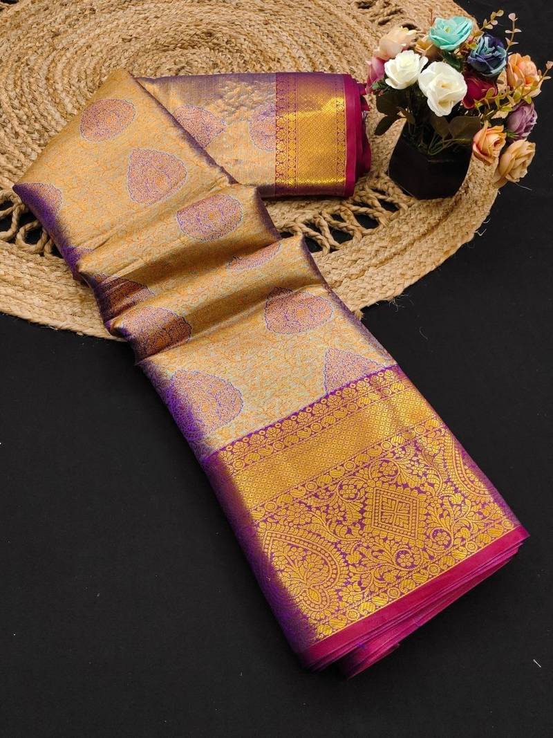 Blue pure silk printed zari work saree with blouse