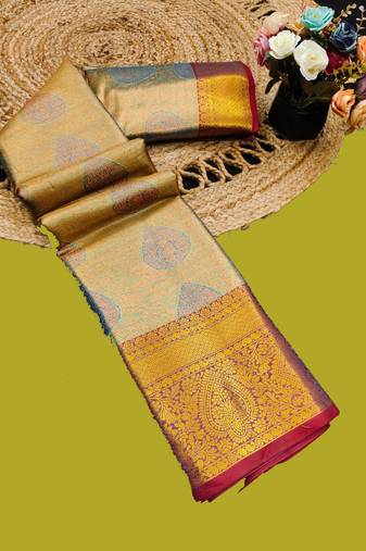 Light blue pure silk printed zari work saree with blouse