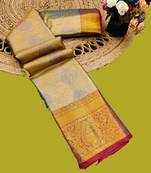 Light blue pure silk printed zari work saree with blouse