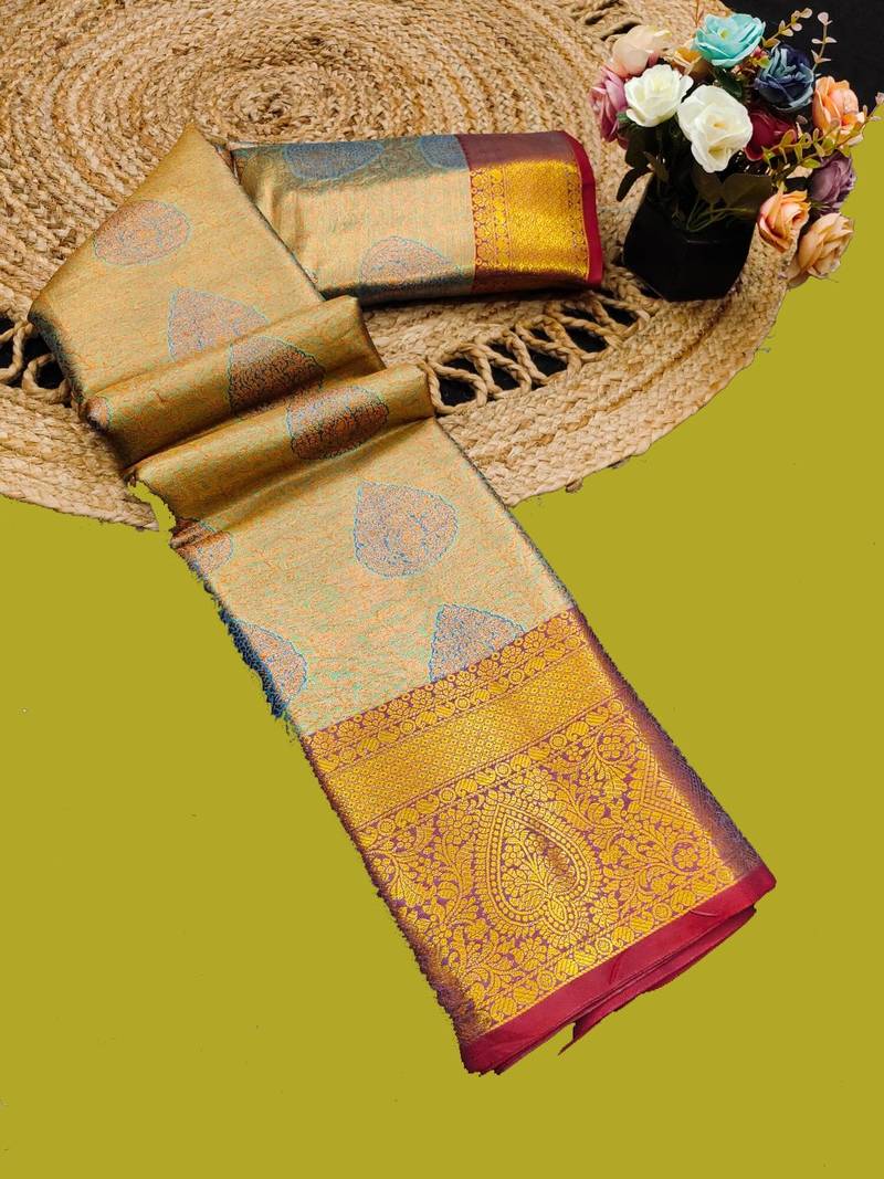Light blue pure silk printed zari work saree with blouse
