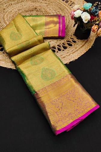 Green pure silk printed zari work saree with blouse