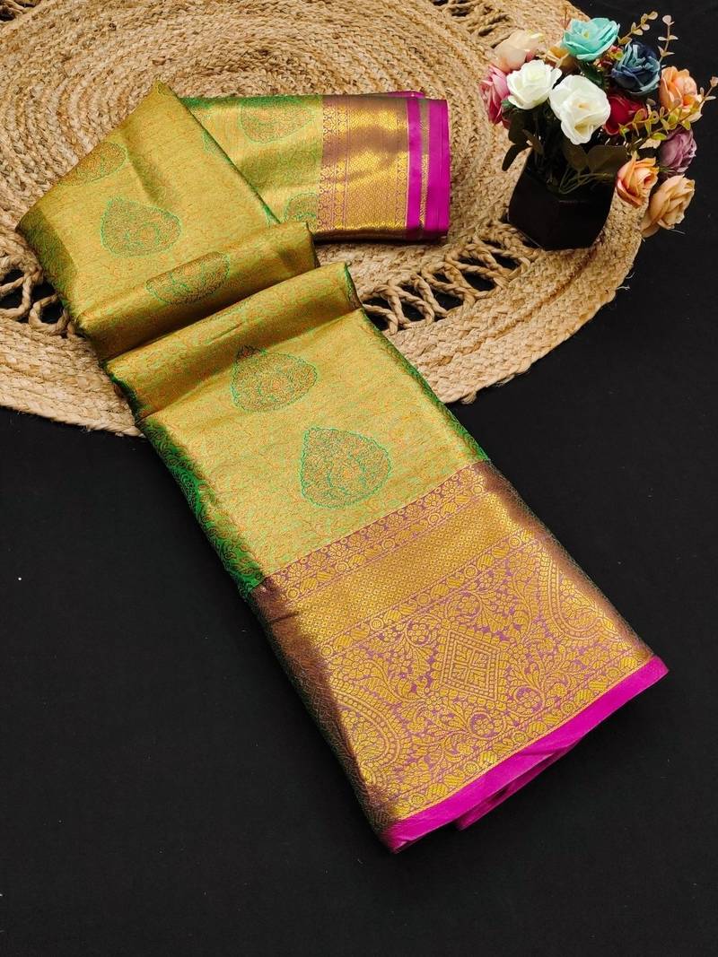 Green pure silk printed zari work saree with blouse