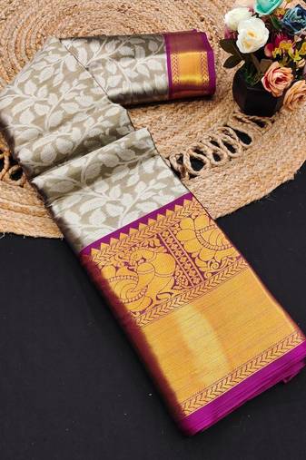Brown pure silk printed zari work saree with blouse