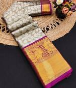 Brown pure silk printed zari work saree with blouse