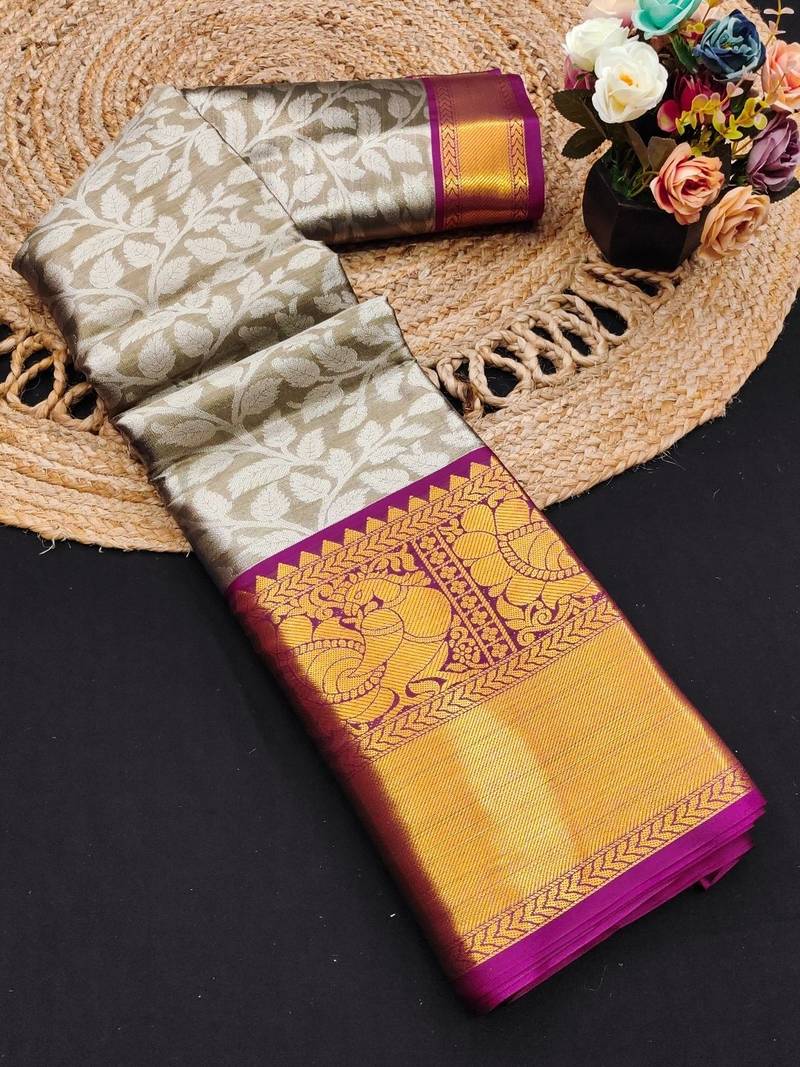 Brown pure silk printed zari work saree with blouse
