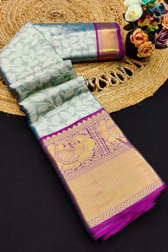 Light blue pure silk printed zari work saree with blouse