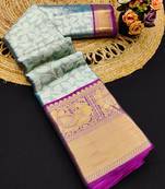 Light blue pure silk printed zari work saree with blouse