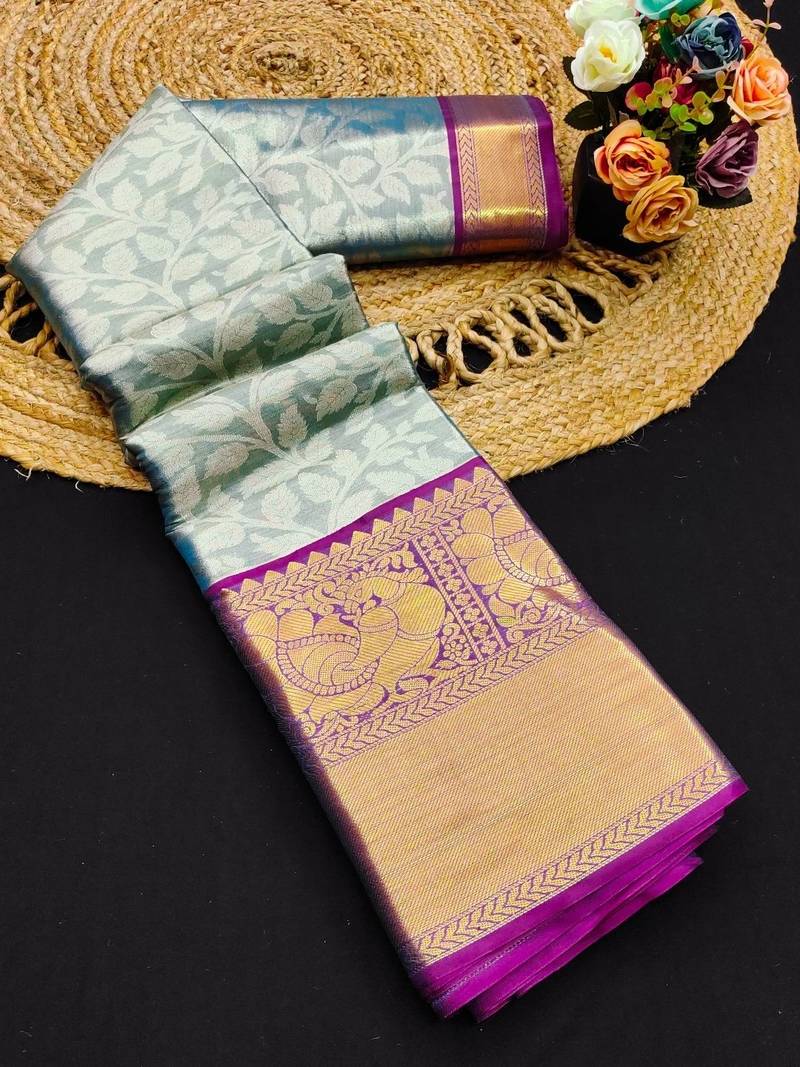 Light blue pure silk printed zari work saree with blouse