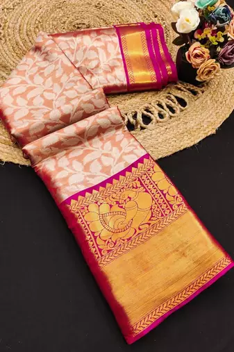 Orange pure silk printed zari work saree with blouse