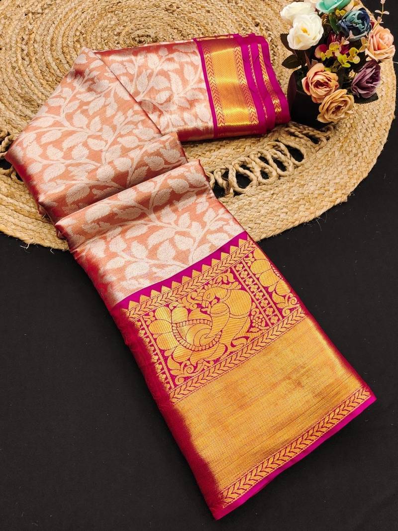 Orange pure silk printed zari work saree with blouse