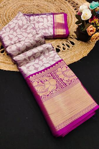 Purple pure silk printed zari work saree with blouse