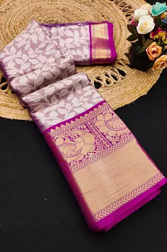 Purple pure silk printed zari work saree with blouse