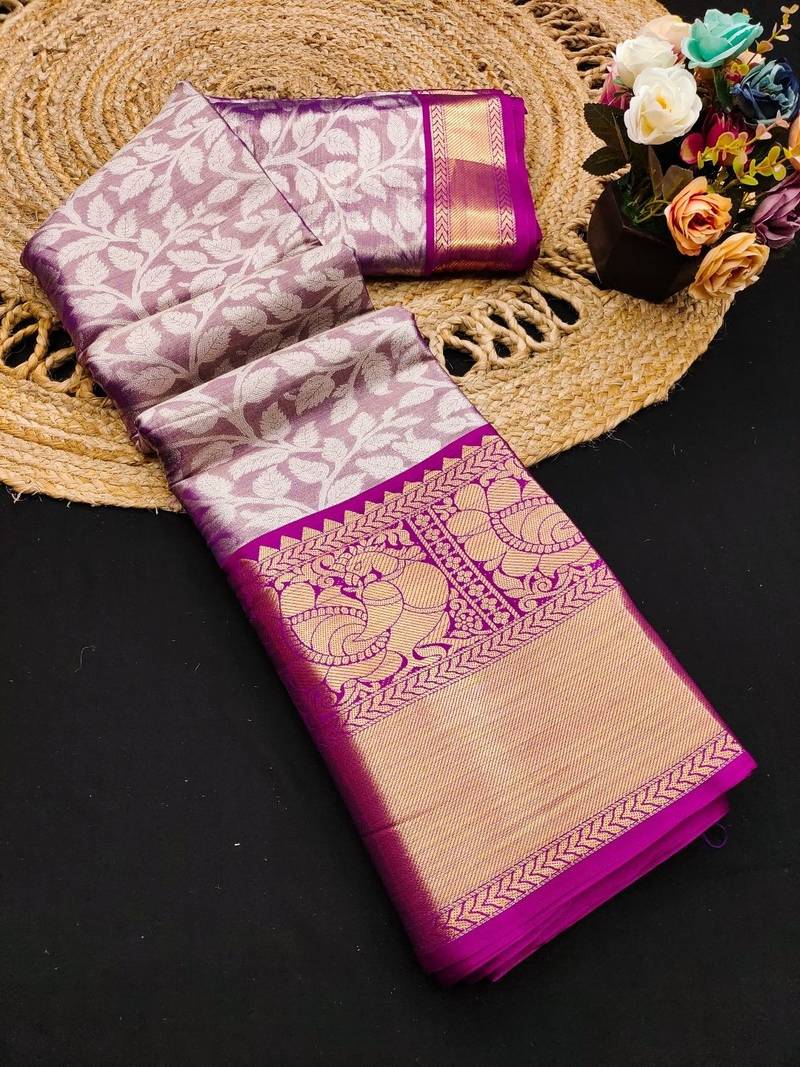 Purple pure silk printed zari work saree with blouse