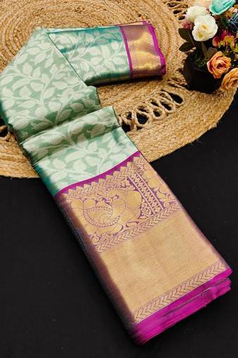 Green pure silk printed zari work saree with blouse