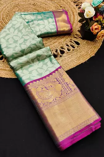 Green pure silk printed zari work saree with blouse