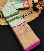 Green pure silk printed zari work saree with blouse