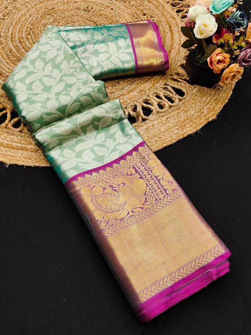 Green pure silk printed zari work saree with blouse