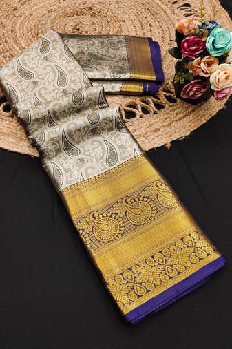 Black pure silk printed zari work saree with blouse