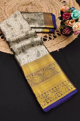Black pure silk printed zari work saree with blouse
