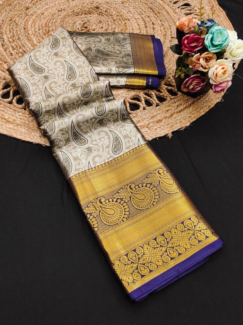 Black pure silk printed zari work saree with blouse