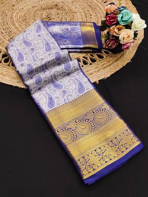 Blue pure silk printed zari work saree with blouse 1