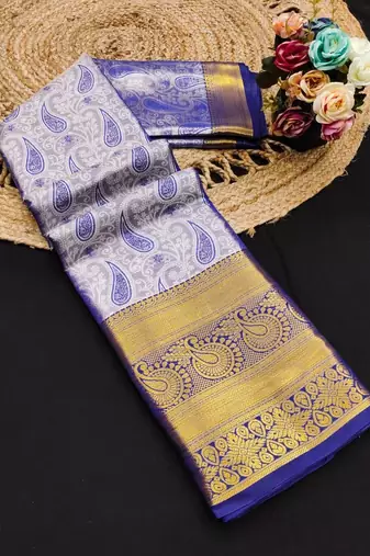 Blue pure silk printed zari work saree with blouse