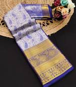 Blue pure silk printed zari work saree with blouse