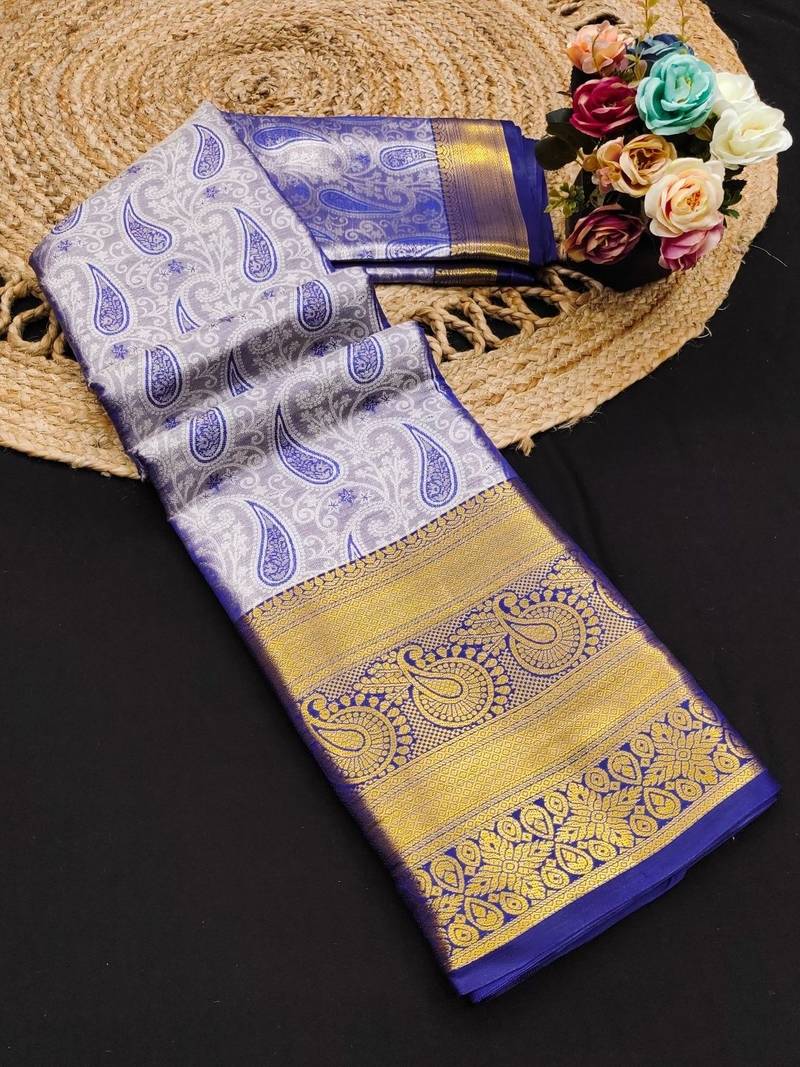 Blue pure silk printed zari work saree with blouse