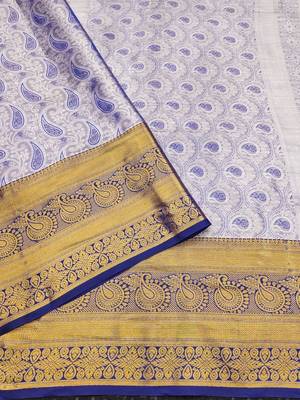 Blue pure silk printed zari work saree with blouse 3