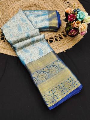 Light blue pure silk printed zari work saree with blouse 1