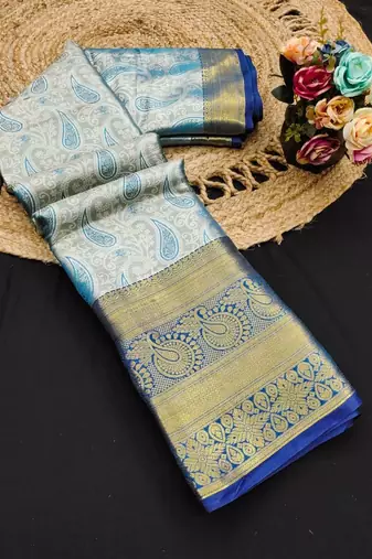 Light blue pure silk printed zari work saree with blouse