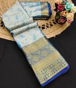 Light blue pure silk printed zari work saree with blouse