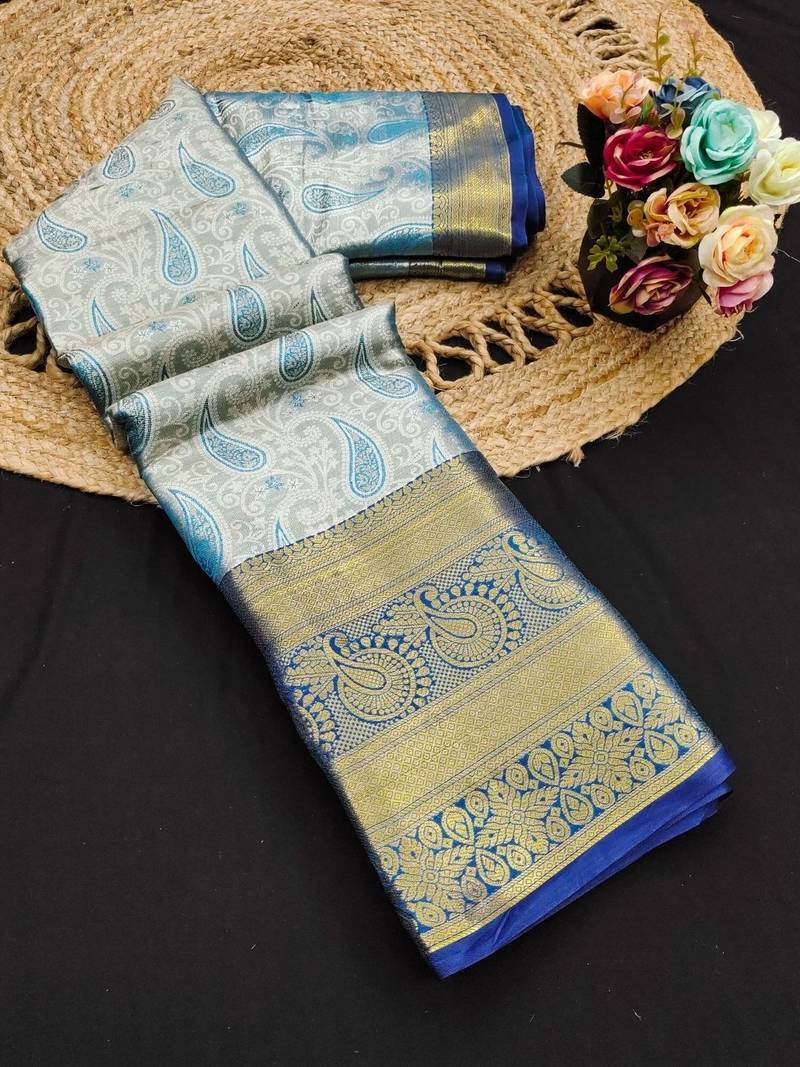 Light blue pure silk printed zari work saree with blouse