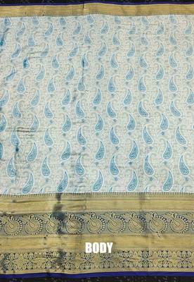 Light blue pure silk printed zari work saree with blouse 2
